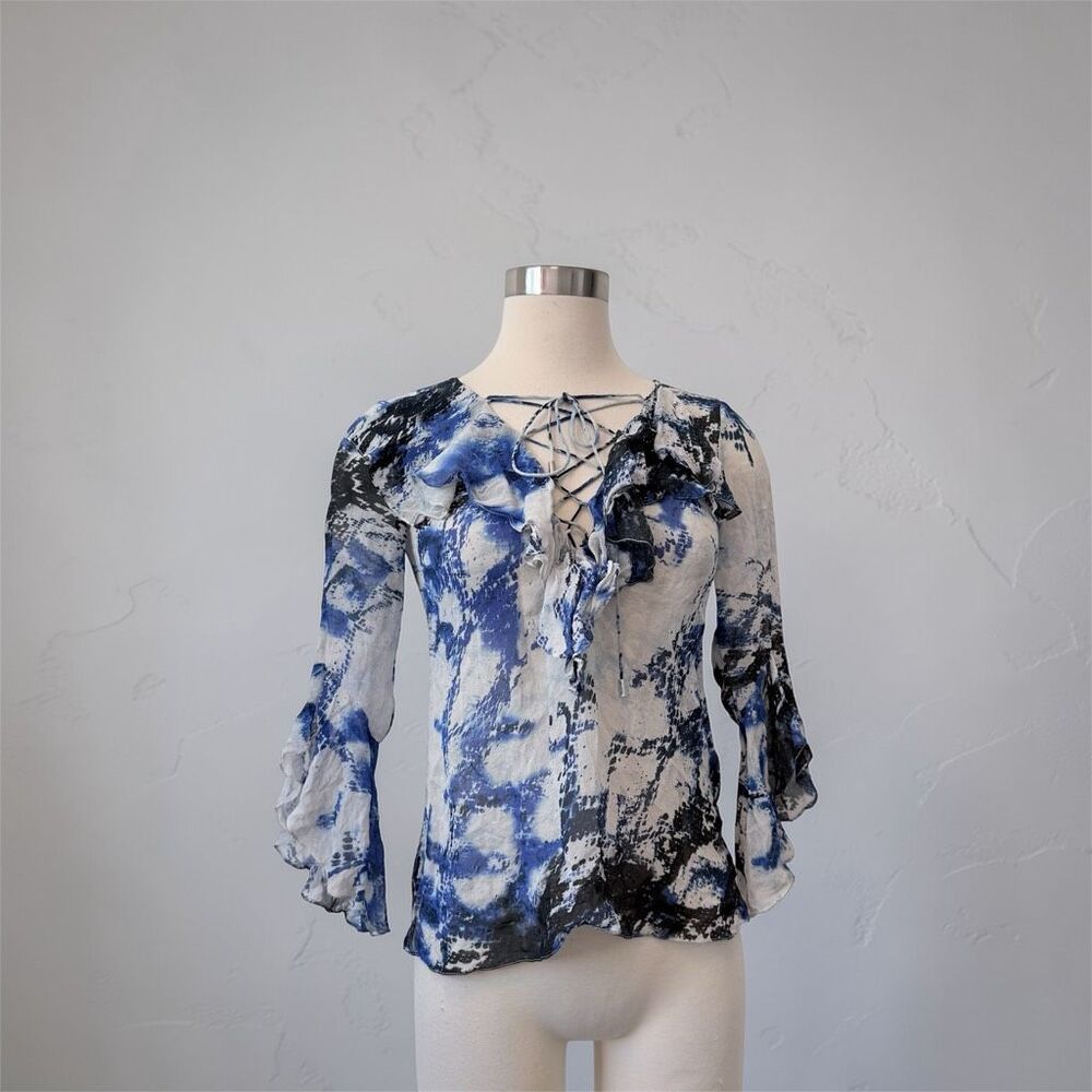 Karen Millen Silk Ruffle Lace White Blue Tie Dye Buisness Casual Career Small 4